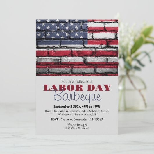 Invitation Fête du Travail Barbecue Travailleur drapeau patri (Debout devant)