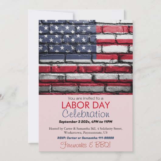 Invitation Fête du Travail Barbecue Travailleur drapeau patri (Devant)