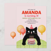 Invitation Fête du troisième anniversaire avec chat, gâteau e (Devant / Derrière)