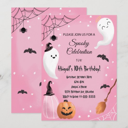 Invitation Fête Éffrayante rose Halloween Anniversaire Invita (Devant / Derrière)