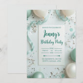 Invitation Fête élégante avec confettis vert sauge poussiéreu (Devant / Derrière)