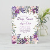 Invitation Fête élégante bébé fleurs rose violet (Debout devant)