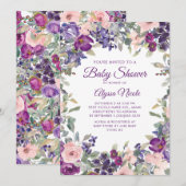 Invitation Fête élégante bébé fleurs rose violet (Devant / Derrière)