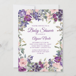 Invitation Fête élégante bébé fleurs rose violet