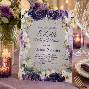 Invitation Fête élégante de 100 ans avec fleurs violettes et