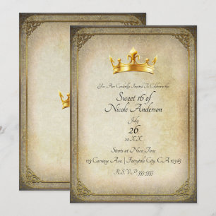 Invitation Fête élégante de 16 ans Couronne Royale Or Vintage