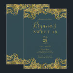 Invitation Fête élégante de 16 ans Teal foncé et dentelle dor<br><div class="desc">Personnalisez pour tout événement</div>
