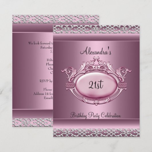 Invitation Fête élégante de 21 ans Anniversaire Satin Rose Tr (Devant / Derrière)
