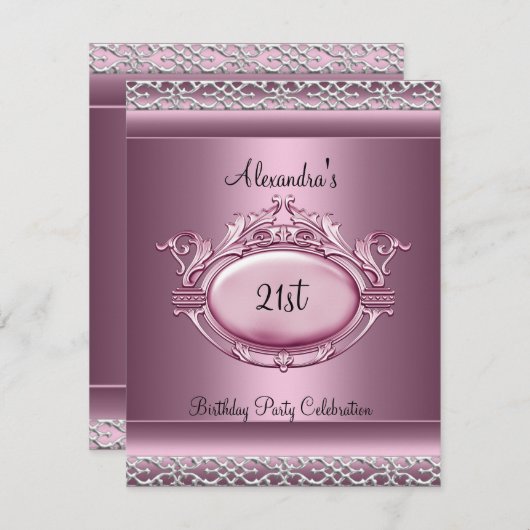 Invitation Fête élégante de 21 ans avec un ruban satin rose e (Devant / Derrière)