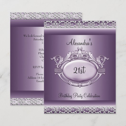 Invitation Fête élégante de 21 ans Satin Mauve Violet (Devant / Derrière)