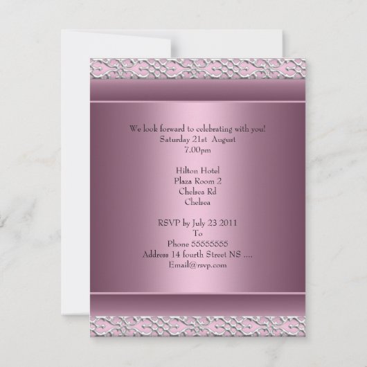 Invitation Fête élégante de 21e anniversaire Satin Rose Trim (Dos)