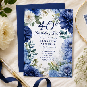 Invitation Fête élégante de 40 ans avec des dahlias bleus