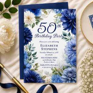 Invitation Fête élégante de 50 ans avec des dahlias bleus