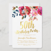 Invitation Fête élégante de 50 ans avec des fleurs et de l'or (Devant)