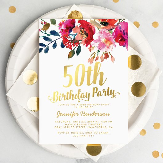 Invitation Fête élégante de 50 ans avec des fleurs et de l'or