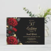 Invitation Fête élégante de 50 ans avec fleurs rouges sur fon (Debout devant)