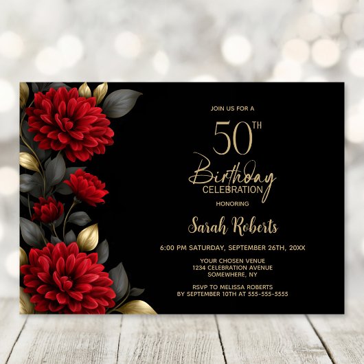 Invitation Fête élégante de 50 ans avec fleurs rouges sur fon