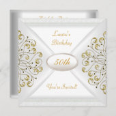 Invitation Fête élégante de 50e anniversaire Blanc Or (Devant / Derrière)
