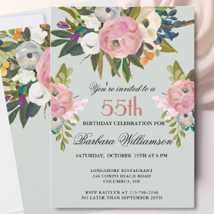 Invitation Fête élégante de 55 ans avec fleurs peintes à la m