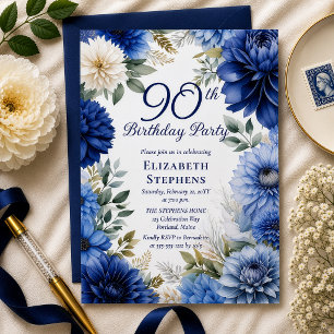 Invitation Fête élégante de 90 ans avec dahlia floral bleu