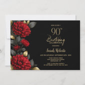 Invitation Fête élégante de 90 ans avec fleurs rouges sur fon (Devant)