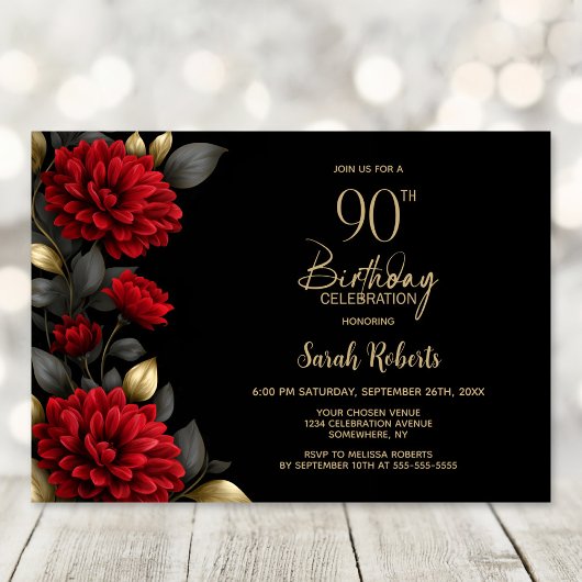 Invitation Fête élégante de 90 ans avec fleurs rouges sur fon