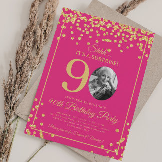 Invitation Fête élégante de 90e anniversaire or confettis ros