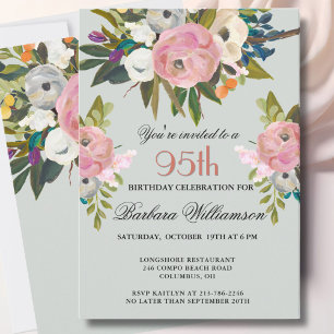 Invitation Fête élégante de 95 ans avec fleurs peintes à la m