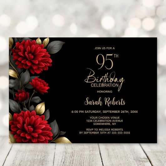 Invitation Fête élégante de 95 ans avec fleurs rouges sur fon