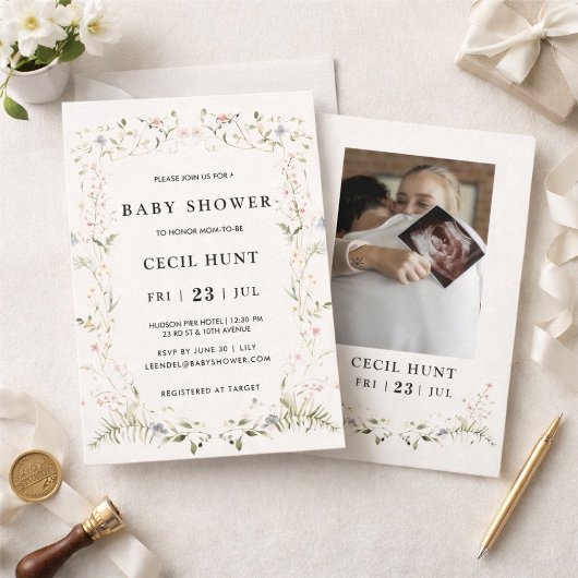 Invitation Fête Élégante de Bébé aux Fleurs