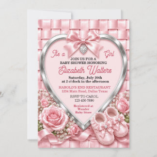 Invitation Fête Élégante de Bébé Fille au Ruban Rose