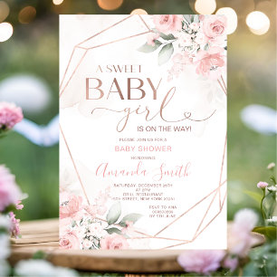 Invitation Fête élégante de bébé fille aux fleurs roses