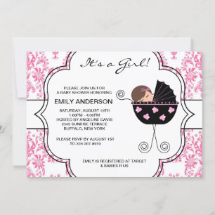 Invitation Fête élégante de bébé fille rose damas noir