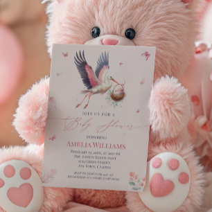 Invitation Fête élégante de cigogne rose pour la naissance de