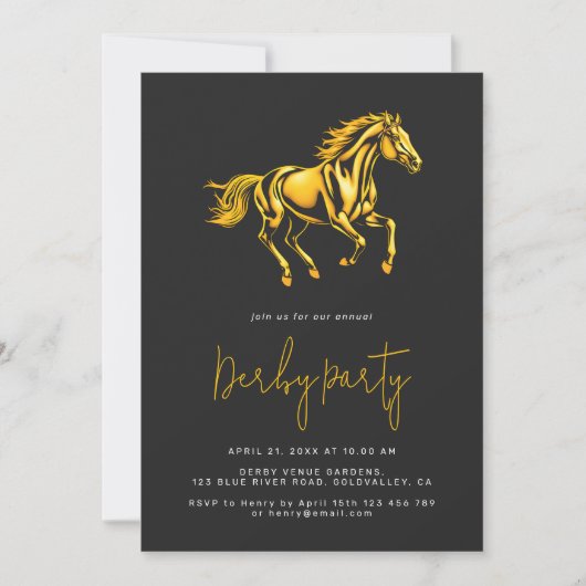 Invitation Fête élégante de Derby de chevaux noir et or (Devant)