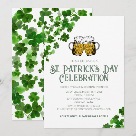 Invitation Fête élégante de la Saint-Patrick au trèfle vert (Devant / Derrière)