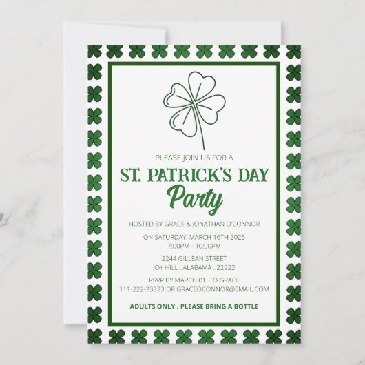Invitation Fête élégante de la Saint-Patrick au trèfle vert (Devant)