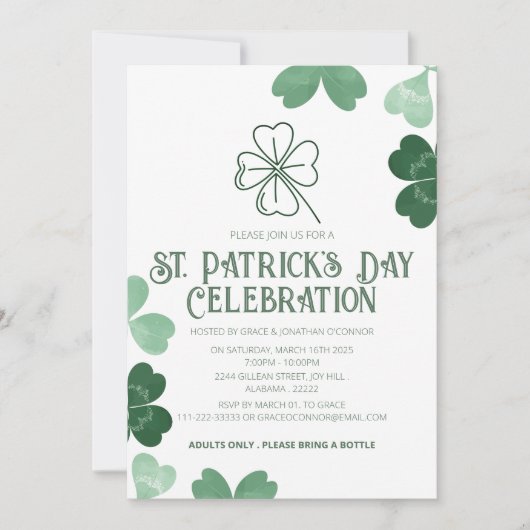 Invitation Fête élégante de la Saint-Patrick au trèfle vert (Devant)