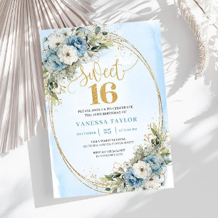 Invitation Fête élégante de Sweet Sixteen aux fleurs bleues p
