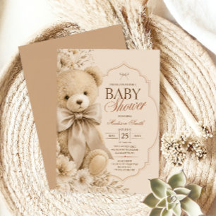 Invitation Fête élégante d'ours en peluche beige pour bébé