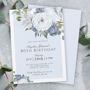 Invitation Fête Elégante Florale Bleue et Blanche 80e Anniver