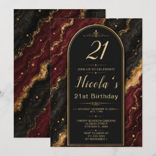 Invitation Fête élégante noire et rouge burgundy pour 21 ans