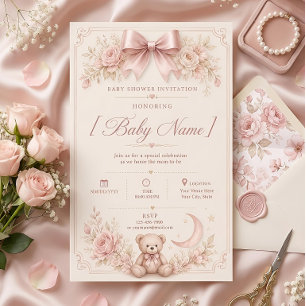 Invitation Fête Élégante Ourson Rose pour la Naissance de Béb