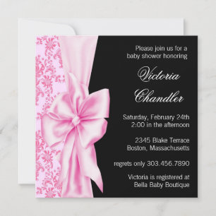 Invitation Fête élégante pour bébé fille avec ruban en damas