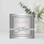 Invitation Fête élégante pour bébé fille en argent et rose (Debout devant)