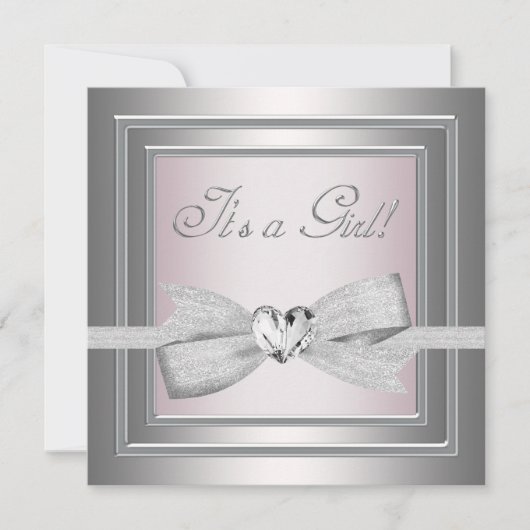 Invitation Fête élégante pour bébé fille en argent et rose (Devant)