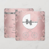 Invitation Fête élégante rose et grise pour bébé fille (Devant / Derrière)