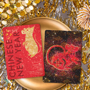 Invitation Fête élégante rouge or paillettes Rat Nouvel An lu