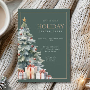 Invitation Fête élégante verte et dorée de Noël