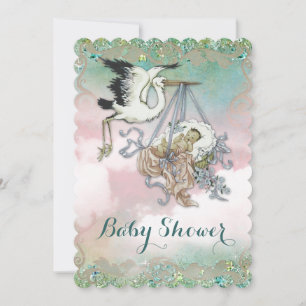 Invitation Fête élégante vintage bébé cigogne